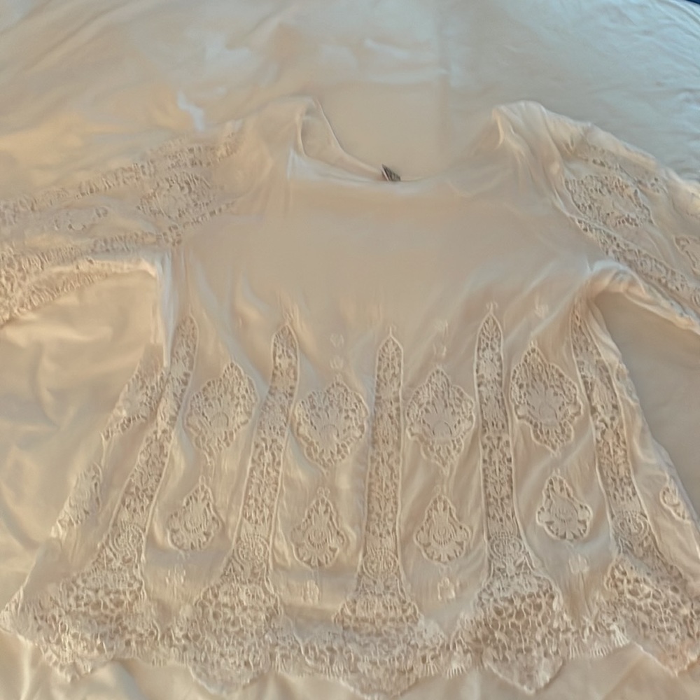 White Cotton Silk Flowy tunic/coverup handmade lace bought in St. Tropez.  L/XL